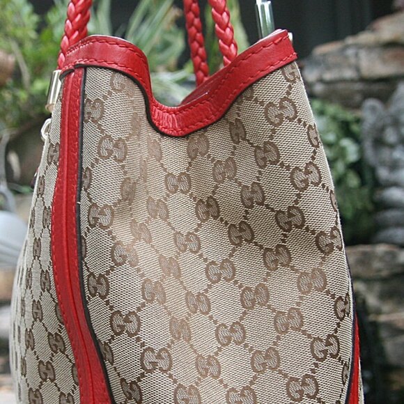 GUCCI BELLA TOTE BAG MONOGRAM CANVAS WITH RED LEATHER TRIM 100% AUTHENTIC - Picture 5 of 16